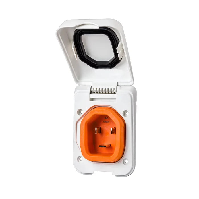 White SmartPlug 30 Amp RV Shore Power Inlet - Open Cover Front View Showing Pins | United RV Parts