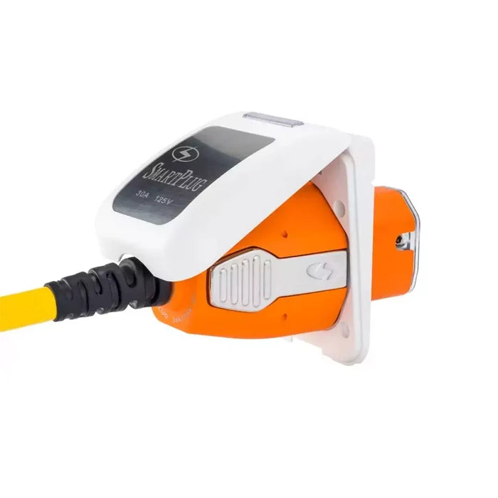 SmartPlug 30 Amp White Inlet with Orange Connector and Yellow Cord Engaged - Side Angle | United RV Parts