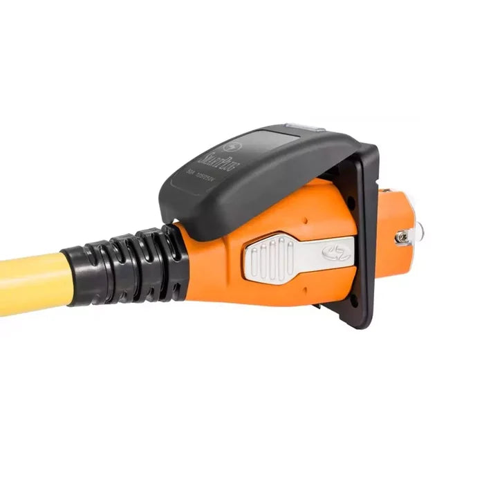 Orange SmartPlug 50 Amp Connector Locked Into Black RV Inlet - Side Angle Detail | United RV Parts