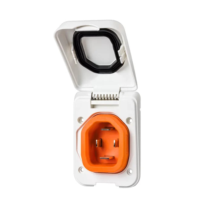 White SmartPlug 50 Amp RV Shore Power Inlet - Open Cover Showing Orange Contacts | United RV Parts
