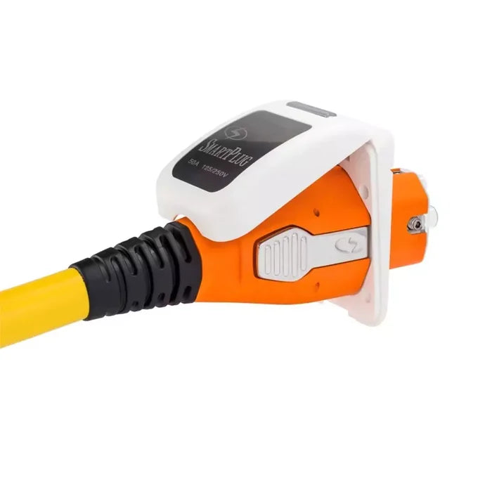 SmartPlug 50 Amp Orange Connector Engaged in White RV Inlet - Side Connection View | United RV Parts