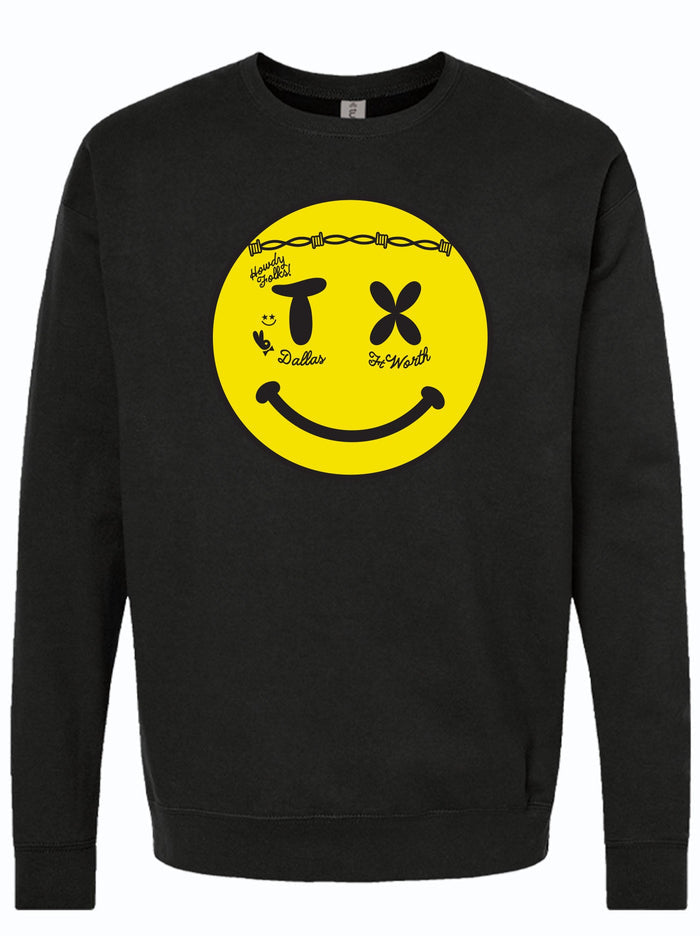 Smiley Face Crew Neck Sweater featuring a vibrant yellow smiley design, perfect as a Texas themed gift. This stylish sweater showcases elements of Dallas culture, making it a great souvenir from Texas and an ideal choice for anyone looking for unique Texan gifts.