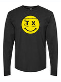 Smiley Face Long Sleeve featuring a vibrant yellow smiley graphic on a black background, perfect as a Texas themed gift. This comfy long sleeve shirt is ideal for those seeking Texas Made Gifts and unique souvenirs from Texas, making it a great Dallas souvenir and a fun option for Texan gifts.