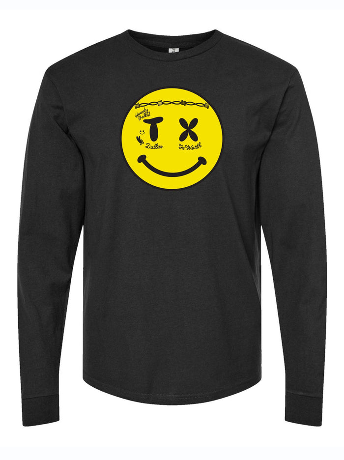 Smiley Face Long Sleeve featuring a vibrant yellow smiley graphic on a black background, perfect as a Texas themed gift. This comfy long sleeve shirt is ideal for those seeking Texas Made Gifts and unique souvenirs from Texas, making it a great Dallas souvenir and a fun option for Texan gifts.