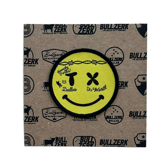 Smiley Face Patch featuring a playful design and embroidery, perfect for denim jackets and adding a Texas themed gift vibe. This high-quality patch is a great choice among Texas Made Gifts, ideal for anyone looking for souvenirs from Texas, especially dallas souvenirs and texan gifts.