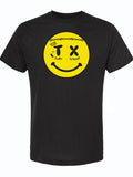 Black tshirt witha graphic design of a yellow smiley face that has face tattoos and the letters T and X as eyes.