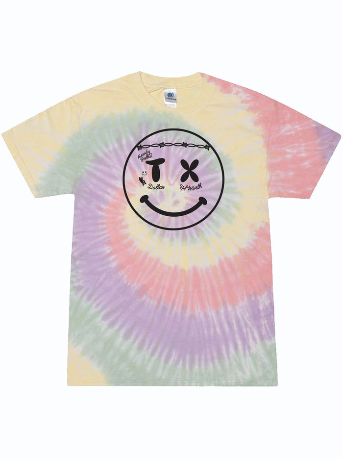 Light colored Tie-dye t-shirt with a smiley face design in black ink.