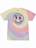 Light colored Tie-dye t-shirt with a smiley face design in black ink.