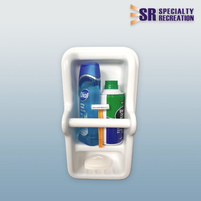 White RV Shower Organizer 33300 Loaded with Toiletries - Front View | United RV Parts