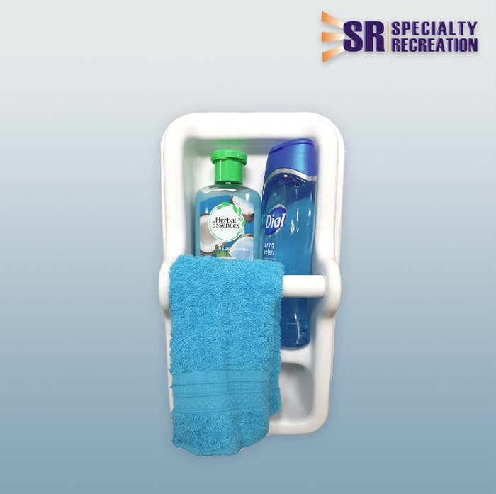 White RV Shower Caddy 33300 with Towel Bar and Shampoo Bottles - Front View | United RV Parts