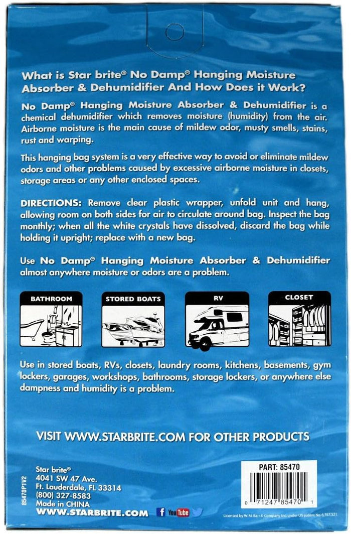 Star Brite No Damp Hanging Moisture Absorber Package Back - Usage Instructions & RV Applications | United RV Parts