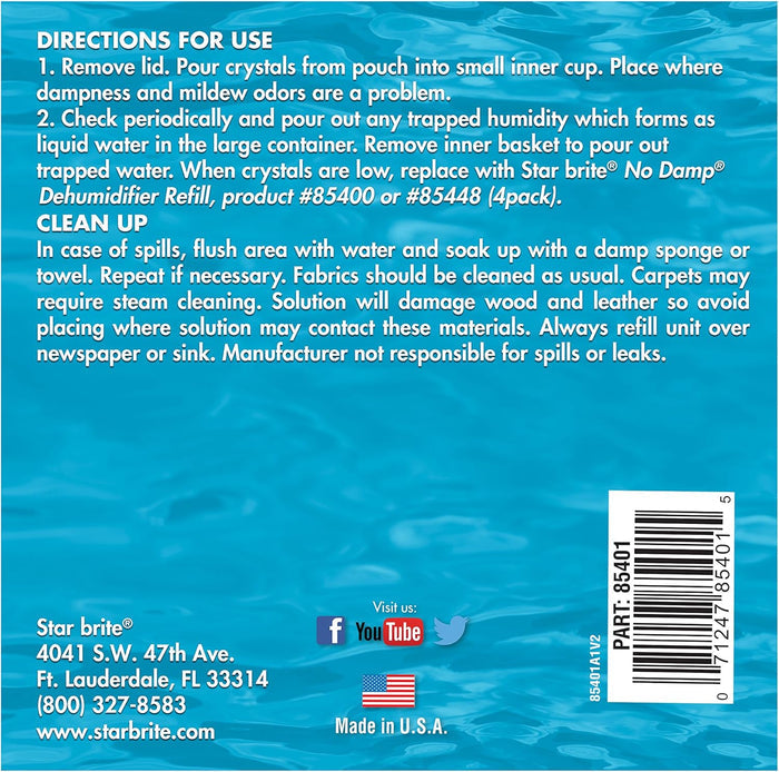 Star Brite No Damp 85401 Directions for Use and Refill Instructions - Back Label | United RV Parts