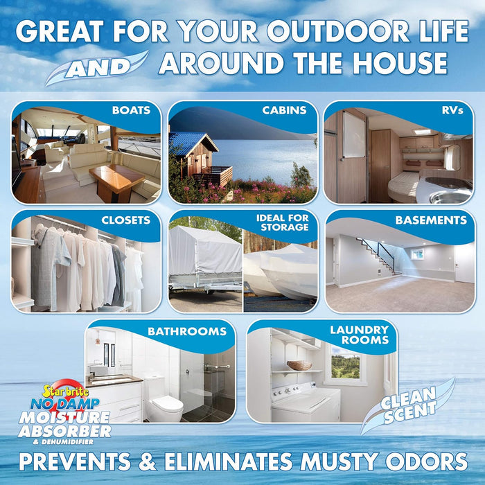 Star Brite No Damp RV Moisture Absorber Use Cases - Boats Cabins RVs Closets - Lifestyle Graphic | United RV Parts