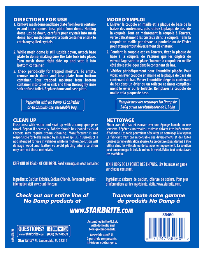 Star Brite No Damp Ultra Dome Dehumidifier 85460 - Back Label Directions | United RV Parts