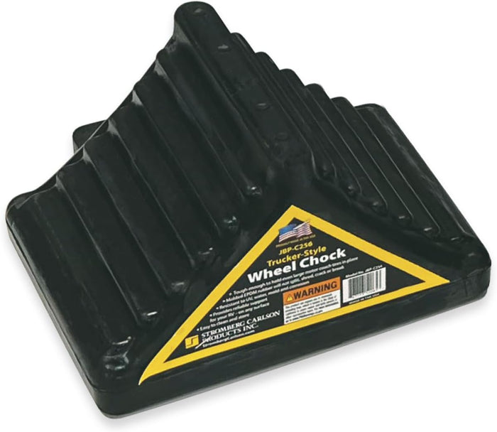 Black EPDM Rubber Trucker-Style Wheel Chock JBP-C256 - Angled View with Packaging | United RV Parts