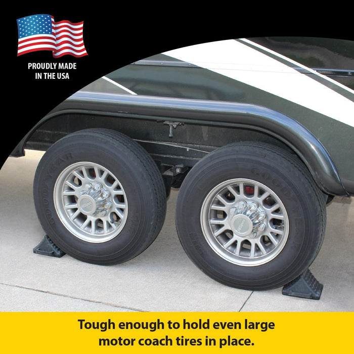 Stromberg Carlson Wheel Chock Securing Dual RV Trailer Tires - In-Use Lifestyle View | United RV Parts