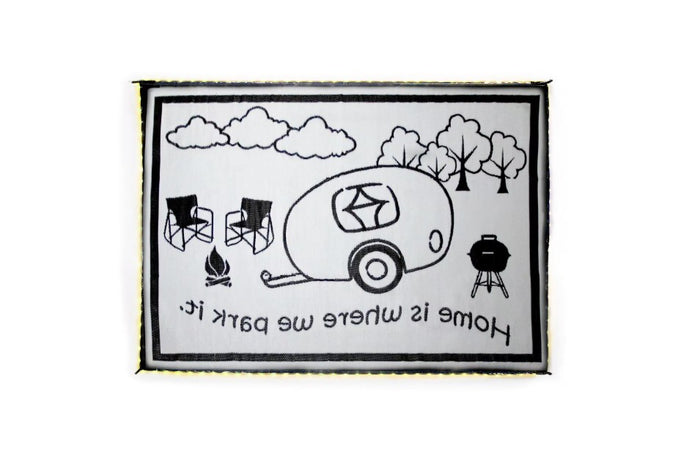 White Reversible RV Patio Mat LRVH8111 - Reverse Side Flat Lay, Camping Graphic Design | United RV Parts