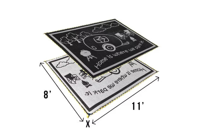Black/White Reversible RV Outdoor Mat LRVH8111 - Both Sides Shown with 8x11 ft Dimensions | United RV Parts
