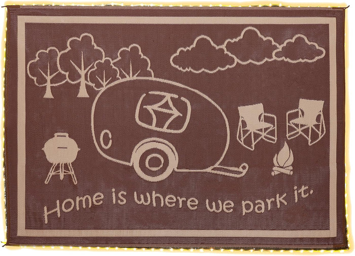 Brown Beige RV Outdoor Mat with LED Lights - Flat Lay with Camping Scene Design LRVH8117 | United RV Parts