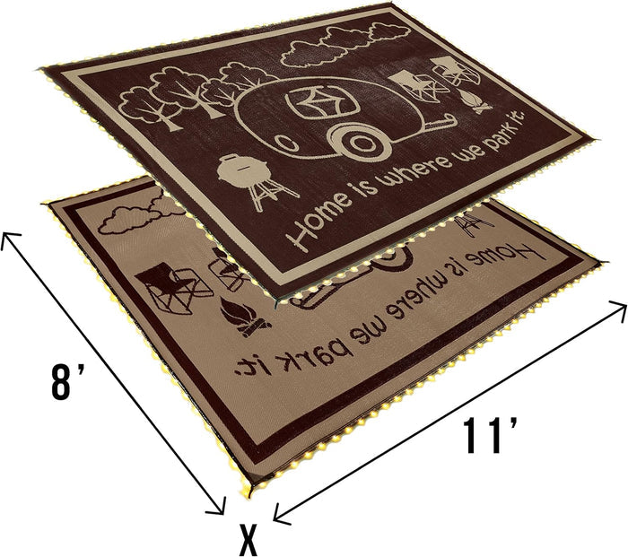 Brown Beige RV Home Mat LRVH8117 Both Sides Shown - 8x11 Dimensions with LED Border | United RV Parts