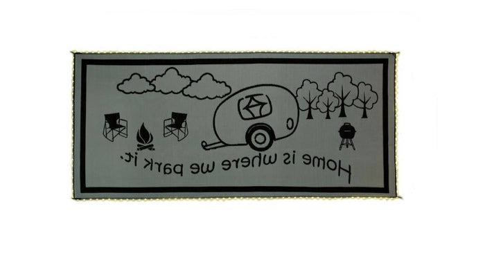 Grey Reverse Side RV Outdoor Patio Mat Flat Lay, Camping Scene Design | United RV Parts