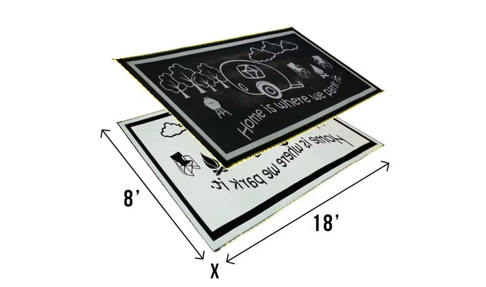 Black White RV Home Mat LRVH8181 Angled View Showing 8x18 Dimensions | United RV Parts