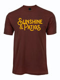 Maroon tshirt with text reading "Sunshine & Patios" in yellow letters.