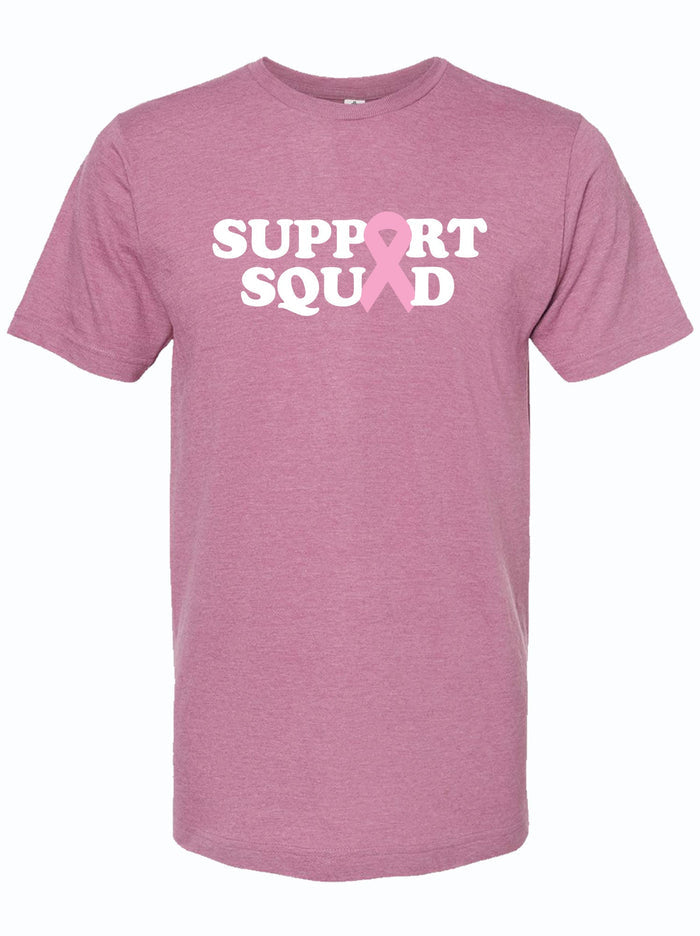 Support Squad unisex tri-blend t-shirt in a soft lavender color featuring bold white text and a pink ribbon, ideal for those looking for Texas themed gifts, perfect as souvenirs from Texas or a thoughtful Dallas souvenir to support a cause.