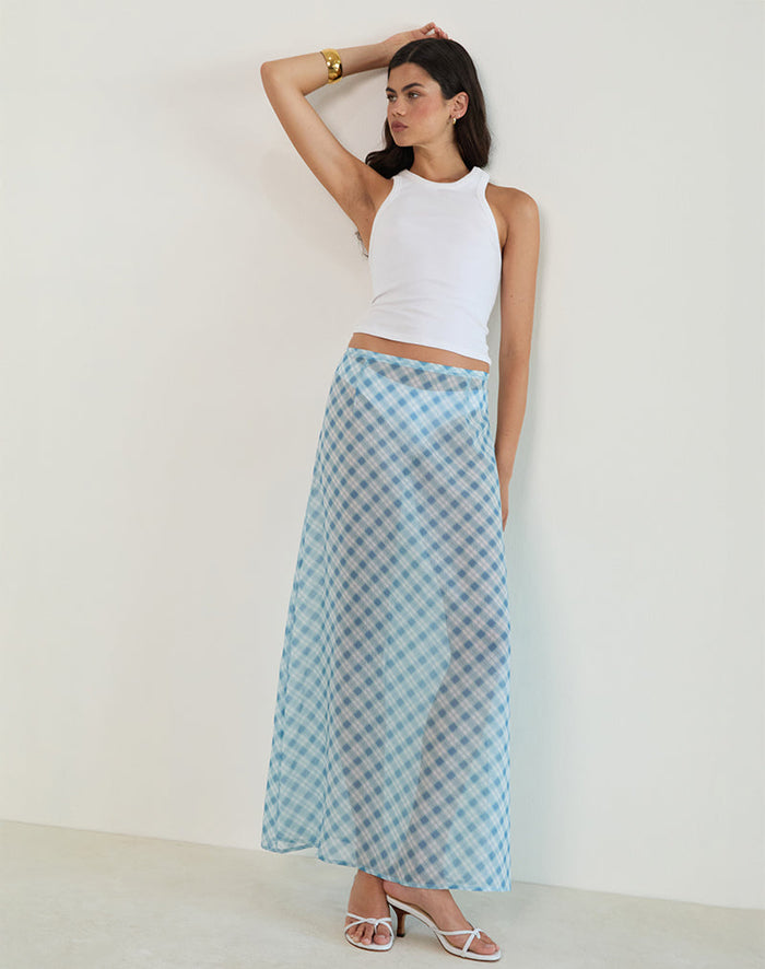 Image of Surina Maxi Skirt in Blurred Check Blue
