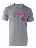 Gray tshirt with graphic design that reads "TACOS" in a bold, sports-themed font and a Texas silhouette with a Taco over it underneath the text.