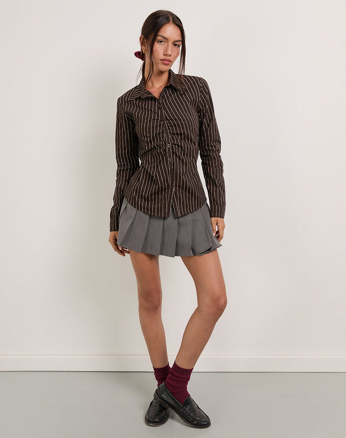 Image of Tarsi Fitted Shirt in Mono Pinstripe Chocolate