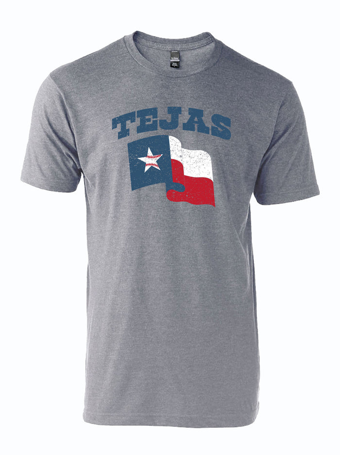 Tejas Flag T-Shirt – Heather gray unisex tee with distressed Texas flag graphic featuring a baseball-stitched Lone Star and "Tejas" arch text, screen-printed by Bullzerk