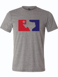 Gray tshirt with graphic design of the shape of Texas cut out of a red and blue rectangle.