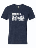 Texas and 49 Bitches V-Neck T-Shirt displayed on a plain background, perfect for anyone looking for a fun Texas themed gift. This stylish shirt makes a great addition to any Texas Made Gifts collection and is ideal as a souvenir from Texas or a dallas souvenir. It's the ultimate choice for those seeking unique texan gifts.