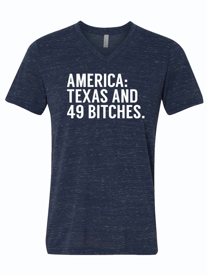 Texas and 49 Bitches V-Neck T-Shirt displayed on a plain background, perfect for anyone looking for a fun Texas themed gift. This stylish shirt makes a great addition to any Texas Made Gifts collection and is ideal as a souvenir from Texas or a dallas souvenir. It's the ultimate choice for those seeking unique texan gifts.