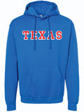 Bright blue Texas Block Letters Pullover Hoodie featuring bold 'TEXAS' lettering, perfect for showing state pride. A great Texas themed gift for anyone who loves souvenirs from Texas, including Dallas souvenirs and other Texan gifts.