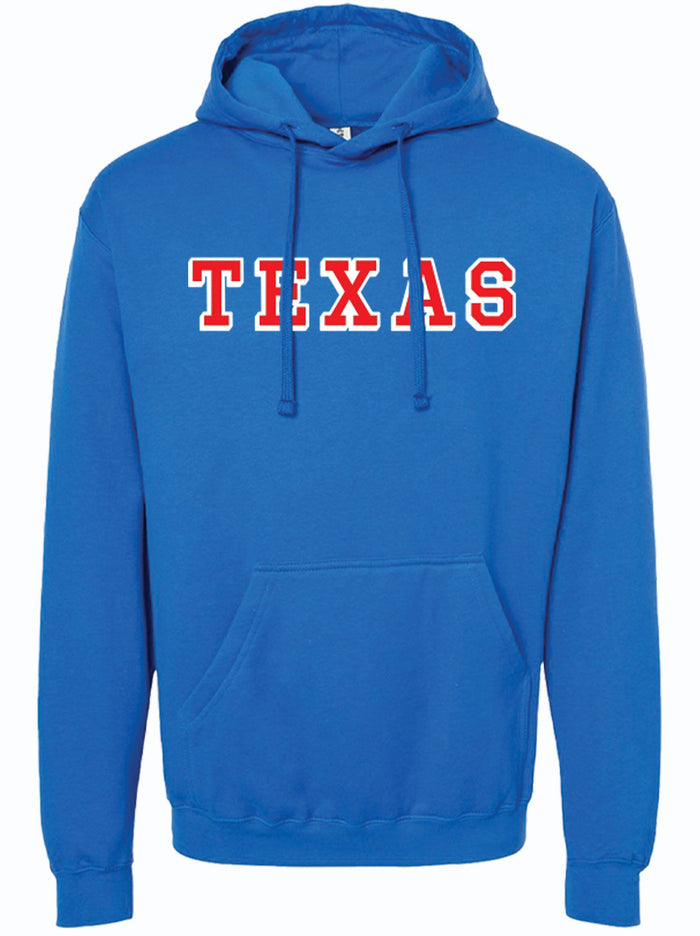 Bright blue Texas Block Letters Pullover Hoodie featuring bold 'TEXAS' lettering, perfect for showing state pride. A great Texas themed gift for anyone who loves souvenirs from Texas, including Dallas souvenirs and other Texan gifts.
