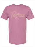 Mauve pink tshirt with graphic design of the word Texas with the letter X Made out of a ribbon bow.