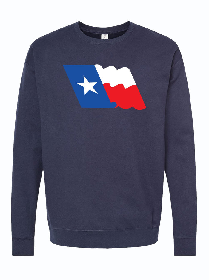 Texas Flag Crew Neck Sweater featuring a design with the Texas flag. Perfect for showcasing your Texas pride, this stylish unisex fleece crew is a great Texas themed gift, one of the must-have Texas Made Gifts, and an ideal souvenir from Texas. A great Dallas souvenir or Texan gift for any occasion!
