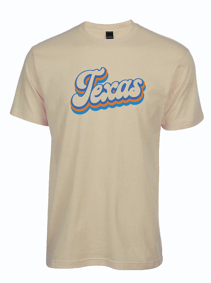Cream tshirt with 'Texas' printed in blue and orange script, bubble font.