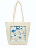 Texas Groceries Tote Bag featuring whimsical illustrations of traditional Texas foods such as BBQ, Tex-Mex, and sweet tea. Perfect for shopping trips, this tote is an ideal Texas themed gift, a delightful Texas Made Gift, and a great souvenir from Texas, making it a unique Dallas souvenir and a charming option for Texan gifts.