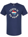Navy tshirt with graphic design of a melting red, white and blue popsicle in the shape of Texas surrounded by a circle of text reading "Texas is da bomb!"