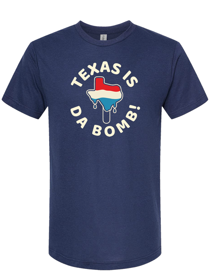 Navy tshirt with graphic design of a melting red, white and blue popsicle in the shape of Texas surrounded by a circle of text reading "Texas is da bomb!"