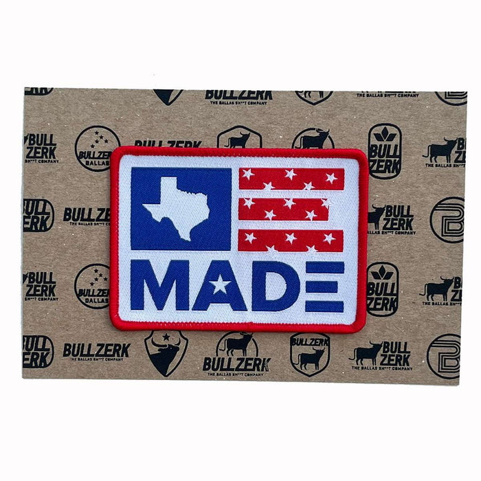 A vibrant Texas Made Patch featuring the Texas outline and stars, perfect for adding a Texas-themed gift to your collection. This embroidered patch measures approximately 3.5"x2.5" and has an iron-on backing, making it a great choice for personalizing jackets or bags. Ideal as a souvenir from Texas, this patch is a must-have for anyone looking for unique Texan gifts or a Dallas souvenir.