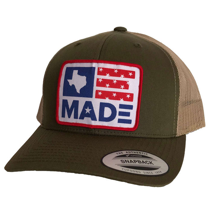 Texas Made Patched Curved Bill Hat in olive/khaki color featuring a Texas flag design, perfect for Texas themed gift shopping, Texas Made Gifts, souvenirs from Texas, or as a dallas souvenir for texan gifts.