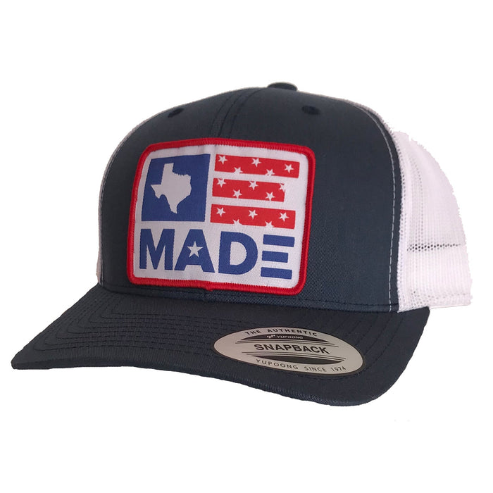 Texas Made Patched Curved Bill Hat in navy/white color with a hand-sewn Texas flag patch, ideal for anyone looking for Texas themed gifts, Texas Made Gifts, souvenirs from Texas, and a great dallas souvenir or texan gift.