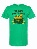 Green tshirt with graphic design of a pot of queso with chips, underneath text reading "Texas Pot of gold" In dark green letters.