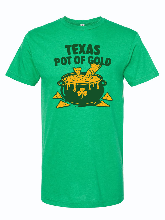 Green tshirt with graphic design of a pot of queso with chips, underneath text reading "Texas Pot of gold" In dark green letters.