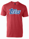 Red tshirt with a graphic design of the word TEXAS in white and navy block letters.