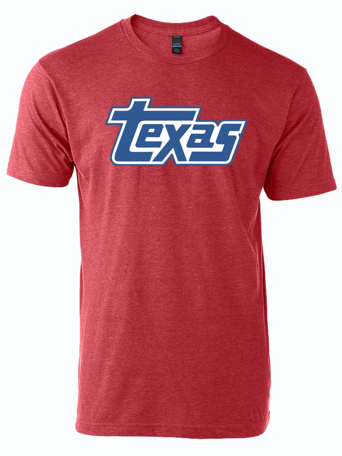 Red tshirt with a graphic design of the word TEXAS in white and navy block letters.